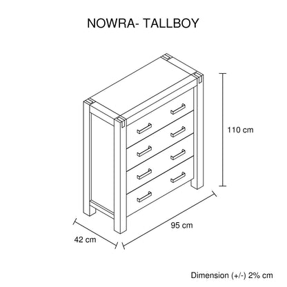Tallboy with 4 Storage Drawers Solid Wooden Assembled in Oak Colour