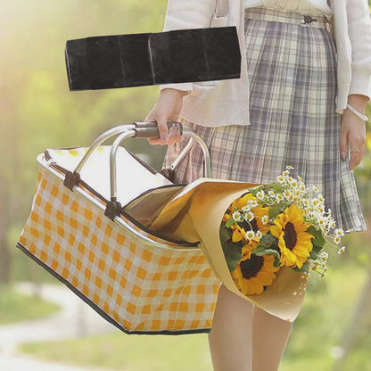 Collapsible Outdoor Camping Portable Insulated Picnic Basket Camping Picnic Ice Pack(Red Grid)