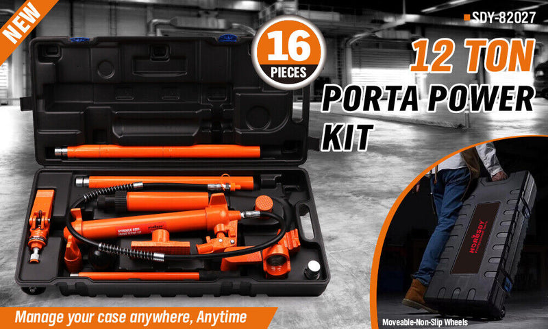 12T Porta Power Kit Hydraulic Ram Pump Oil Hose Automotive Body Repair Tool