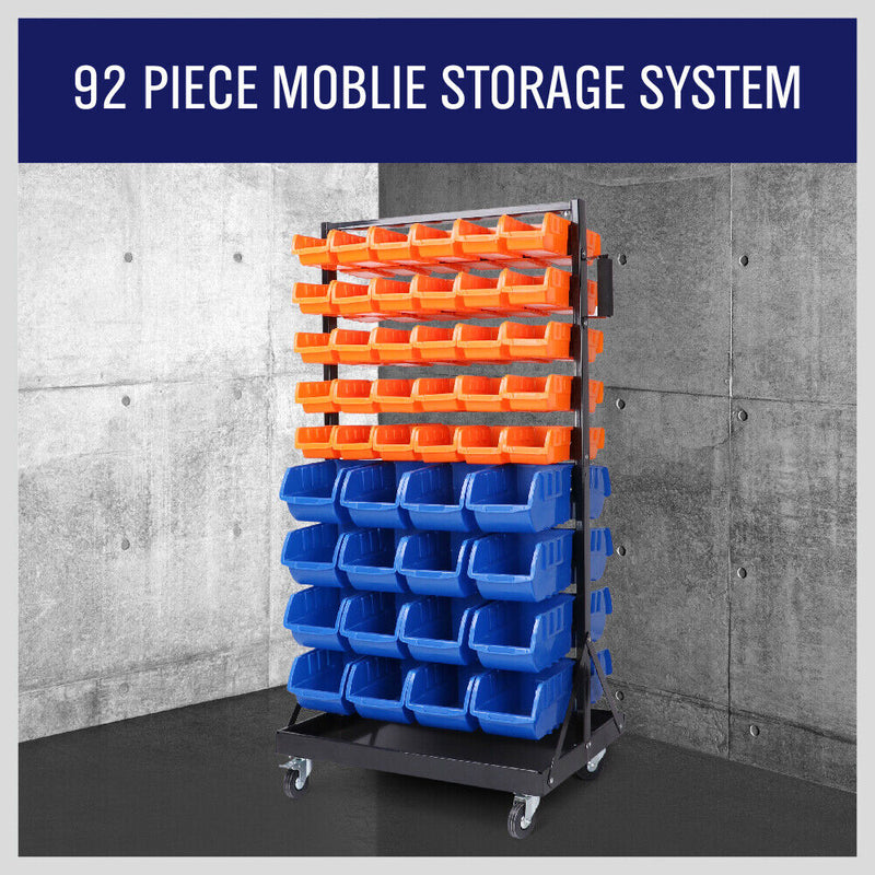 92-Piece Bin Mobile Garage Storage Bin Rack Heavy-Duty Tool Organizer with Swivel Wheels