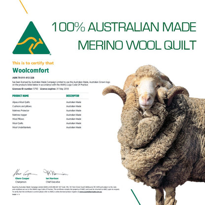 Woolcomfort Aus Made Merino Wool Quilt 500GSM 160x210cm King Single Size