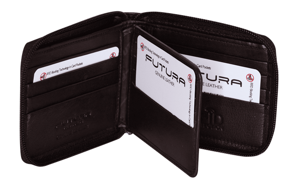 Futura Mens RFID Protected Genuine Leather Wallet Zip Around - Brown