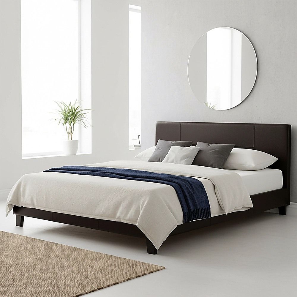 Queen PU Leather Bed Frame Brown