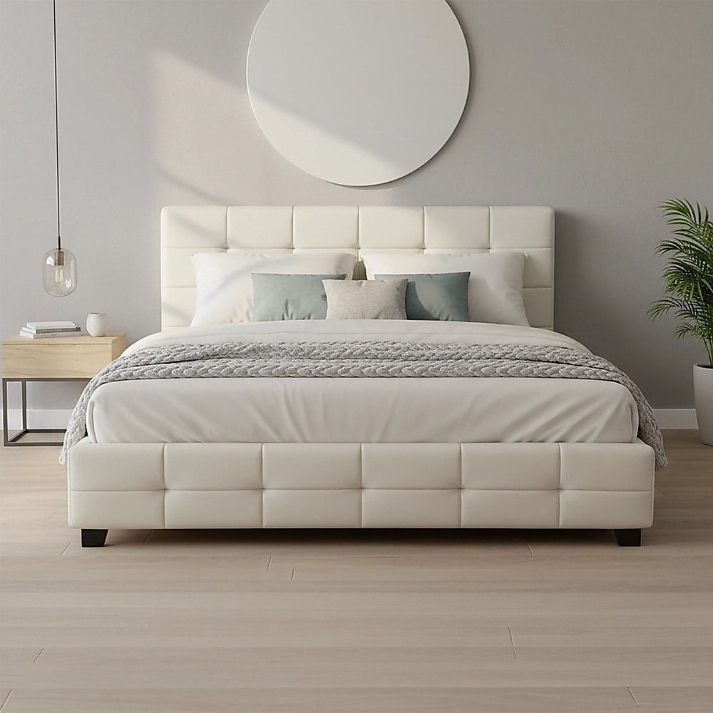 Queen PU Leather Deluxe Bed Frame White