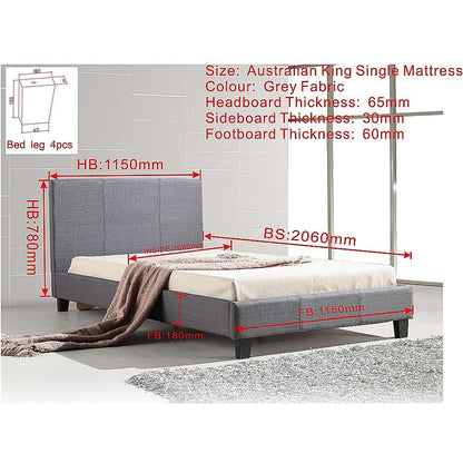 King Single Linen Fabric Bed Frame Grey