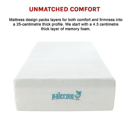 Palermo King Single 25cm Gel Memory Foam Mattress - Dual-Layered - CertiPUR-US Certified