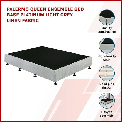 Palermo Queen Ensemble Bed Base Platinum Light Grey Linen Fabric
