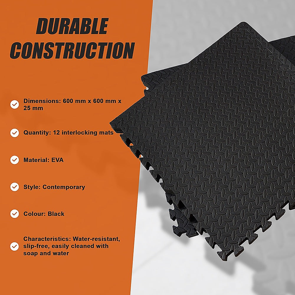 12 Tiles EVA Rubber Foam Gym Mat 60x60cm – 2.5cm Thick Fitness Flooring Set