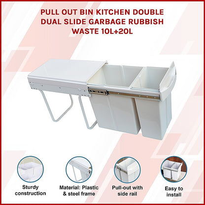 Pull Out Bin Kitchen Double Dual Slide Garbage Rubbish Waste 10L+20L
