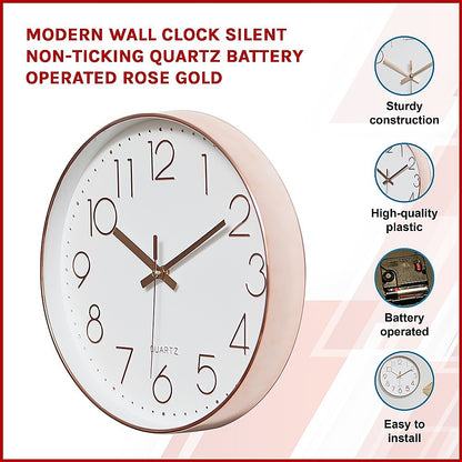 Modern Rose Gold Wall Clock – Silent Non-Ticking Quartz Battery Operated Design