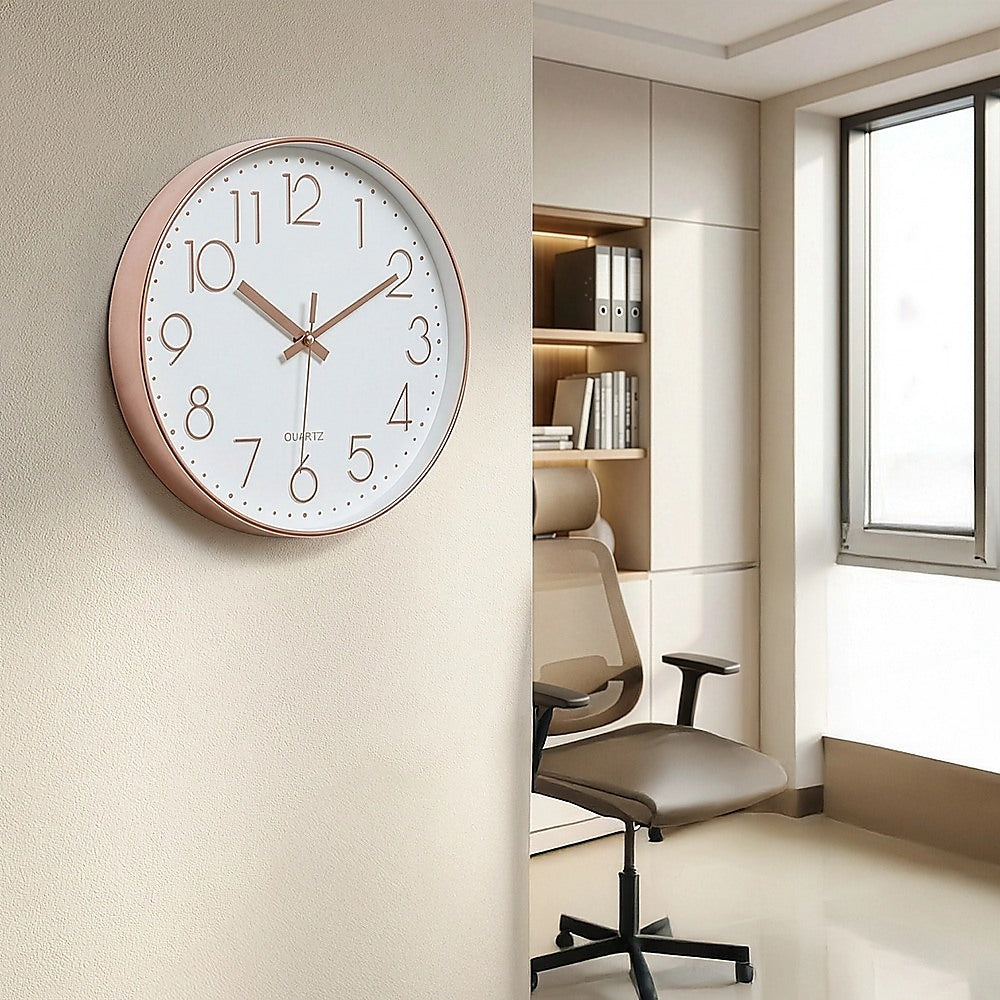 Modern Rose Gold Wall Clock – Silent Non-Ticking Quartz Battery Operated Design