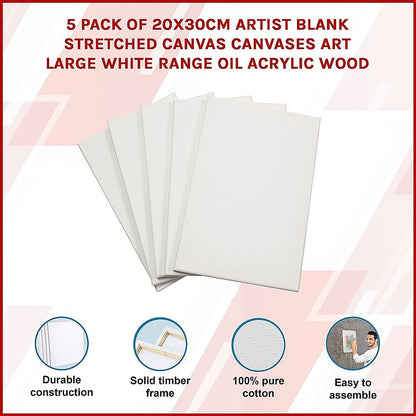 5 pack of 20x30cm Artist Blank Stretched Canvas Canvases Art Large White Range Oil Acrylic Wood
