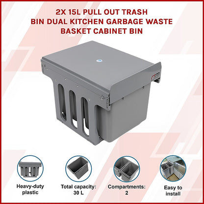 2x 15L Pull Out Trash Bin Dual Kitchen Garbage Waste Basket Cabinet Bin
