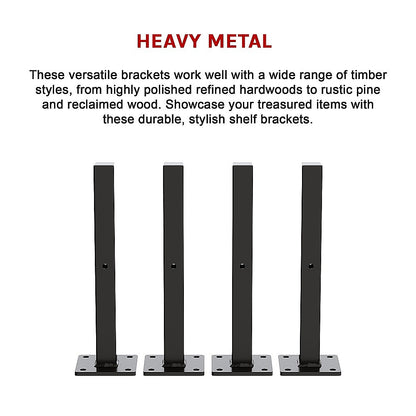 20cm Floating Shelf Brackets Industrial Metal Shelving Supports 4-Pack - Black