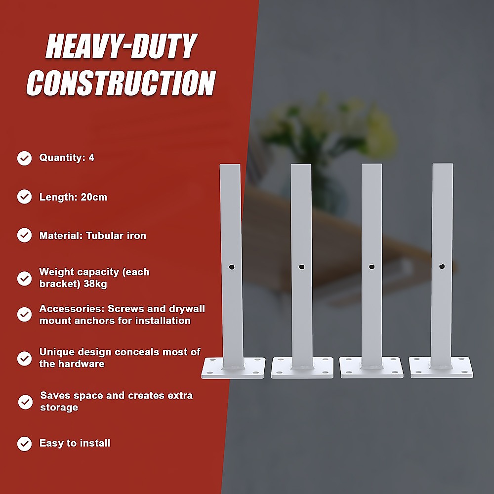 20cm Floating Shelf Brackets Industrial Metal Shelving Supports 4-Pack - White