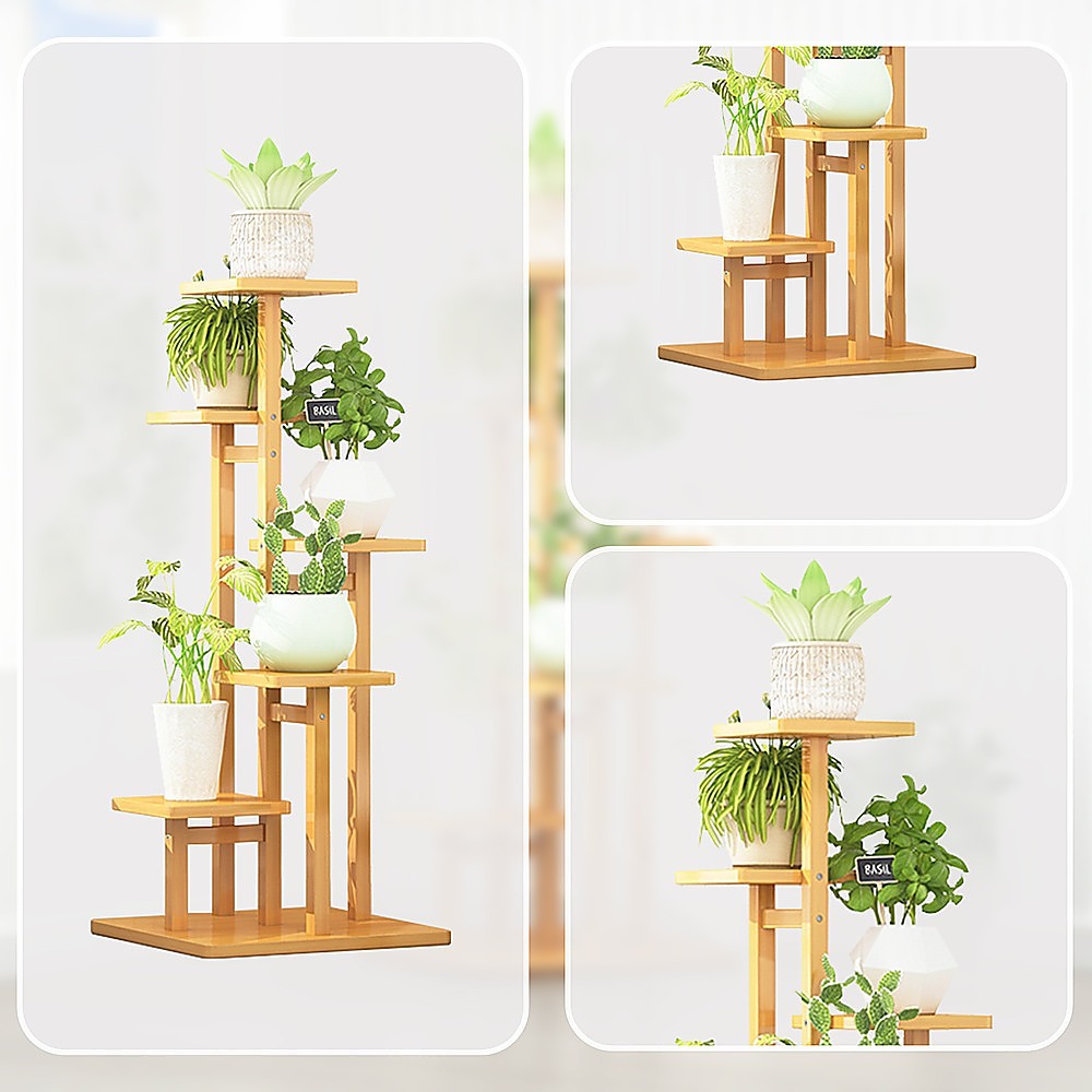 5 Tiers Vertical Bamboo Plant Stand Staged Flower Shelf Rack Outdoor Garden