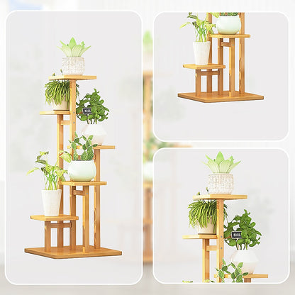 5 Tiers Vertical Bamboo Plant Stand Staged Flower Shelf Rack Outdoor Garden