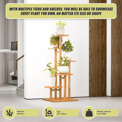 5 Tiers Vertical Bamboo Plant Stand Staged Flower Shelf Rack Outdoor Garden