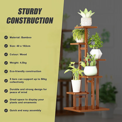 5 Tiers Vertical Bamboo Plant Stand Staged Flower Shelf Rack Outdoor Garden