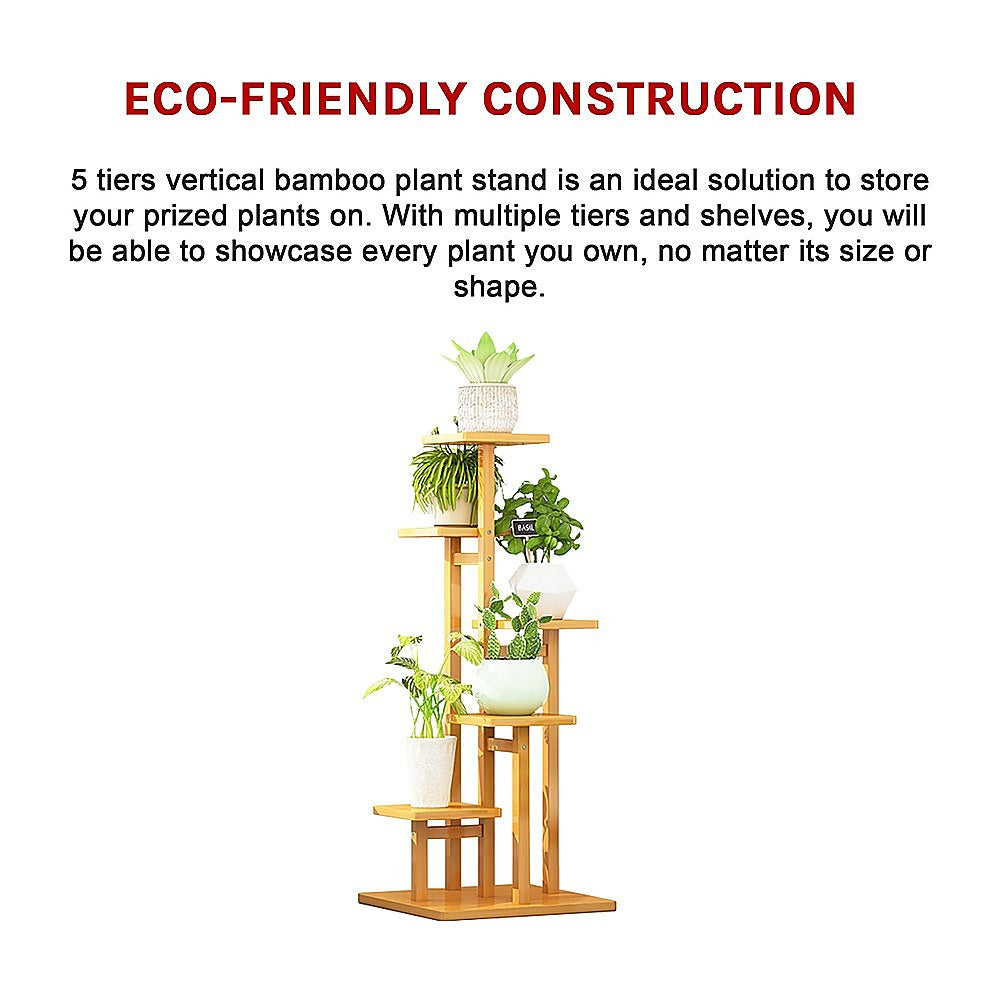 5 Tiers Vertical Bamboo Plant Stand Staged Flower Shelf Rack Outdoor Garden