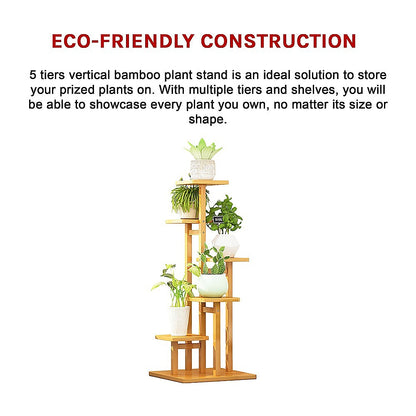 5 Tiers Vertical Bamboo Plant Stand Staged Flower Shelf Rack Outdoor Garden