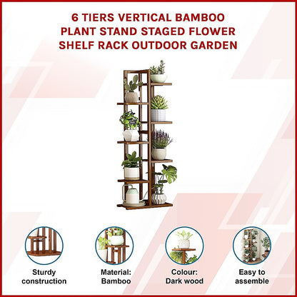 6 Tiers Vertical Bamboo Plant Stand Staged Flower Shelf Rack Outdoor Garden