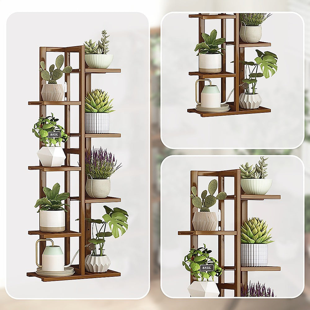 6 Tiers Vertical Bamboo Plant Stand Staged Flower Shelf Rack Outdoor Garden
