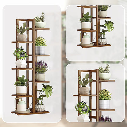 6 Tiers Vertical Bamboo Plant Stand Staged Flower Shelf Rack Outdoor Garden