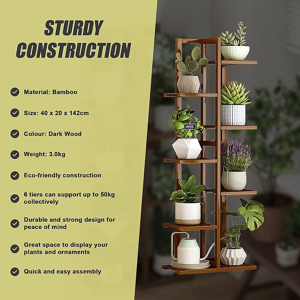 6 Tiers Vertical Bamboo Plant Stand Staged Flower Shelf Rack Outdoor Garden