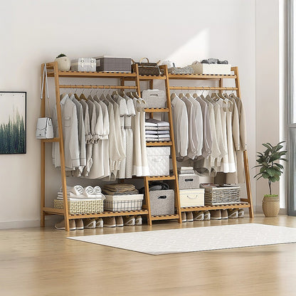 Portable Clothes Rack Coat Garment Stand Bamboo Rail Hanger Airer Closet