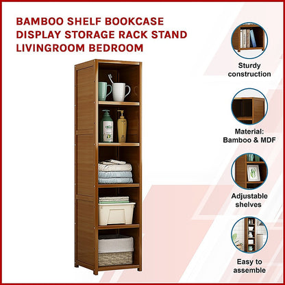 Bamboo 5-Shelf Bookcase – Tall Display Storage Rack Stand for Living Room, Bedroom, Office or Home Organisation