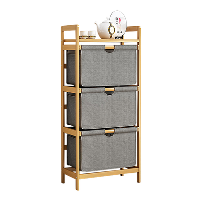 Bamboo Shelf with Storage Hamper – Wooden Organiser with 3 Removable Laundry Bags