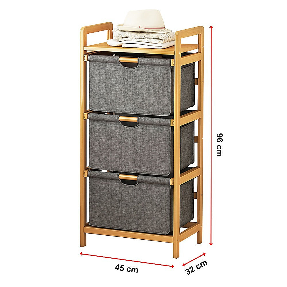 Bamboo Shelf with Storage Hamper – Wooden Organiser with 3 Removable Laundry Bags