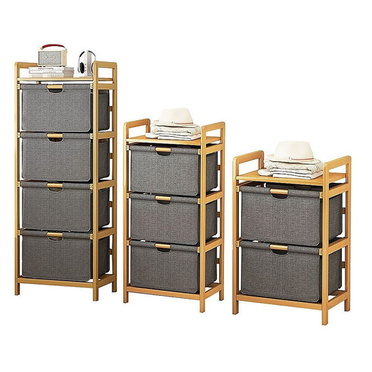 Bamboo Shelf with Storage Hamper – Wooden Organiser with Three-Set Rack Laundry Bags