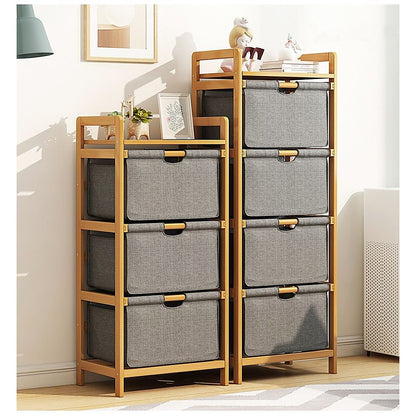 Bamboo Shelf with Storage Hamper – Wooden Organiser with Three-Set Rack Laundry Bags