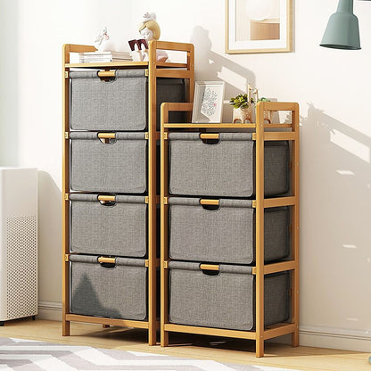 Bamboo Shelf with Storage Hamper – Wooden Organiser with Three-Set Rack Laundry Bags