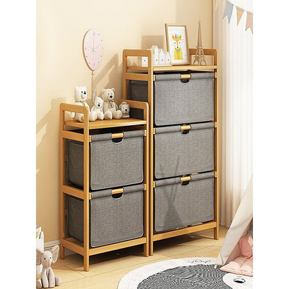 Bamboo Shelf with Storage Hamper – Wooden Organiser with Three-Set Rack Laundry Bags