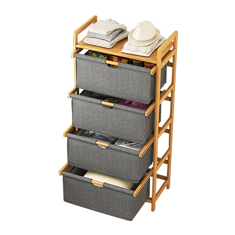 Bamboo Shelf with Storage Hamper – Wooden Organiser with Three-Set Rack Laundry Bags