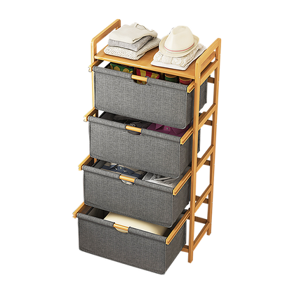 Bamboo Shelf with Storage Hamper – Wooden Organiser with Three-Set Rack Laundry Bags