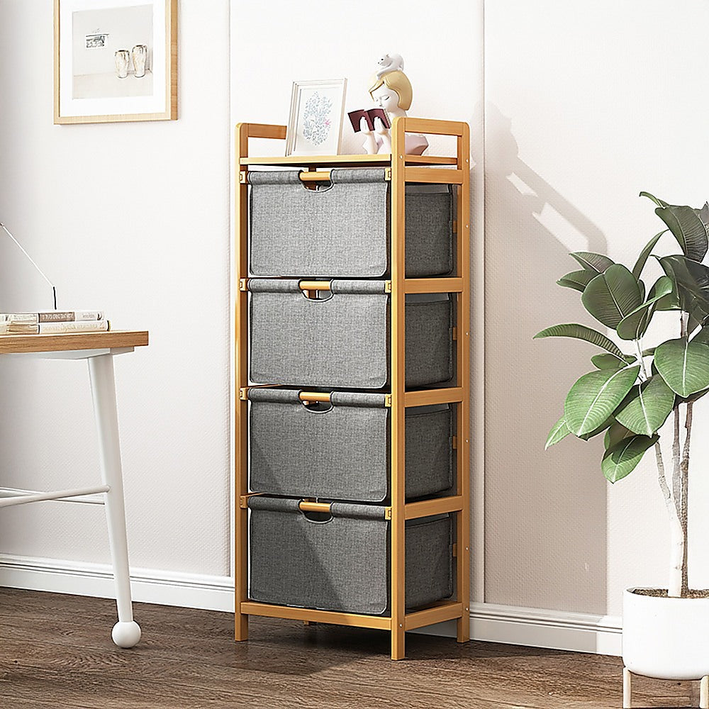 Bamboo Shelf with Storage Hamper – Wooden Organiser with Three-Set Rack Laundry Bags