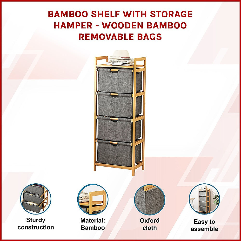 Bamboo Shelf with Storage Hamper – Wooden Organiser with Three-Set Rack Laundry Bags
