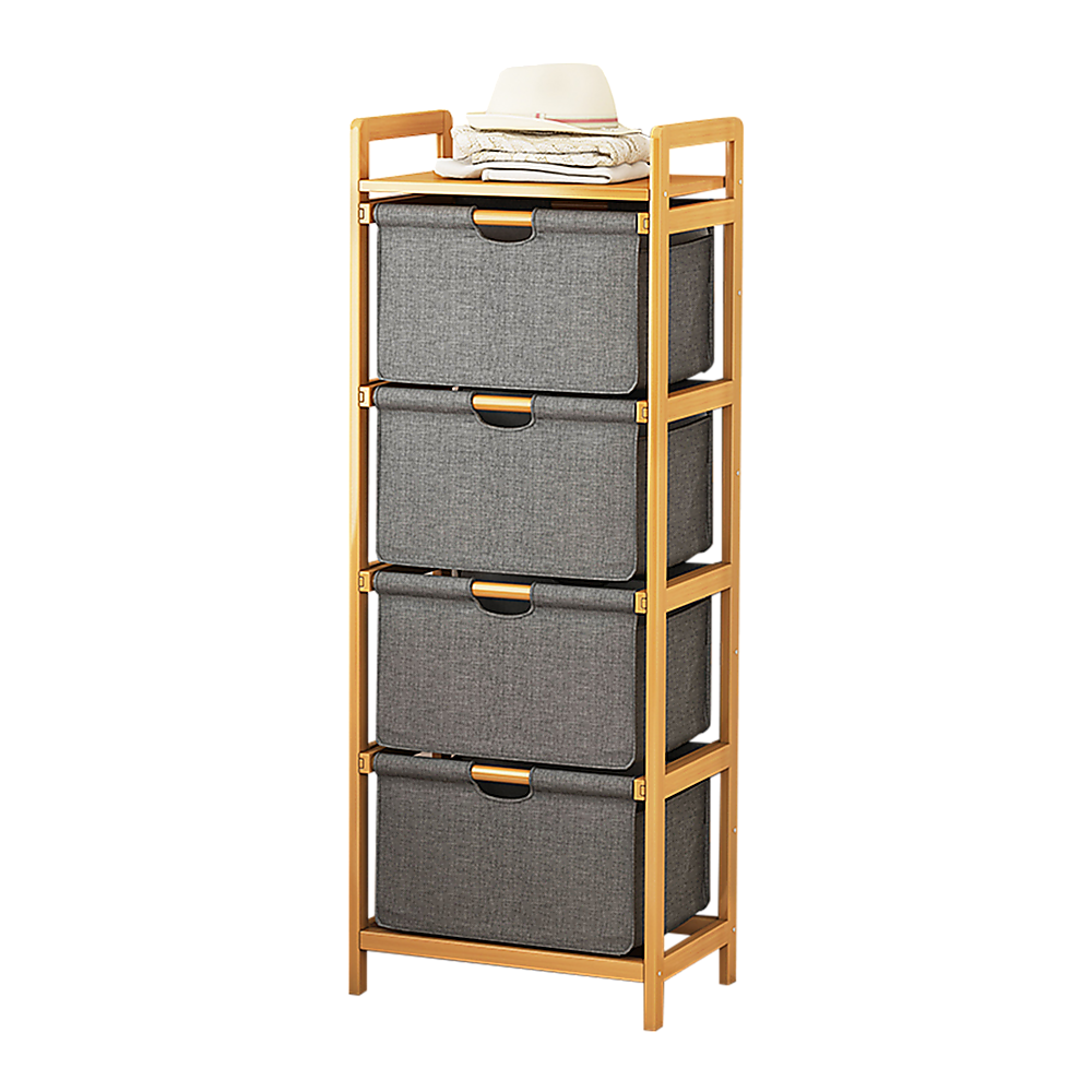 Bamboo Shelf with Storage Hamper – Wooden Organiser with Three-Set Rack Laundry Bags
