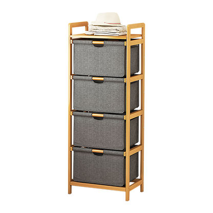Bamboo Shelf with Storage Hamper – Wooden Organiser with Three-Set Rack Laundry Bags