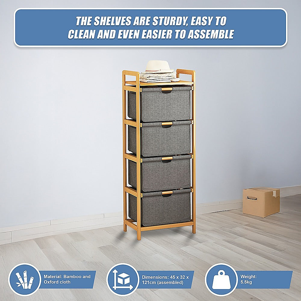 Bamboo Shelf with Storage Hamper – Wooden Organiser with Three-Set Rack Laundry Bags