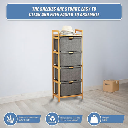 Bamboo Shelf with Storage Hamper – Wooden Organiser with Three-Set Rack Laundry Bags