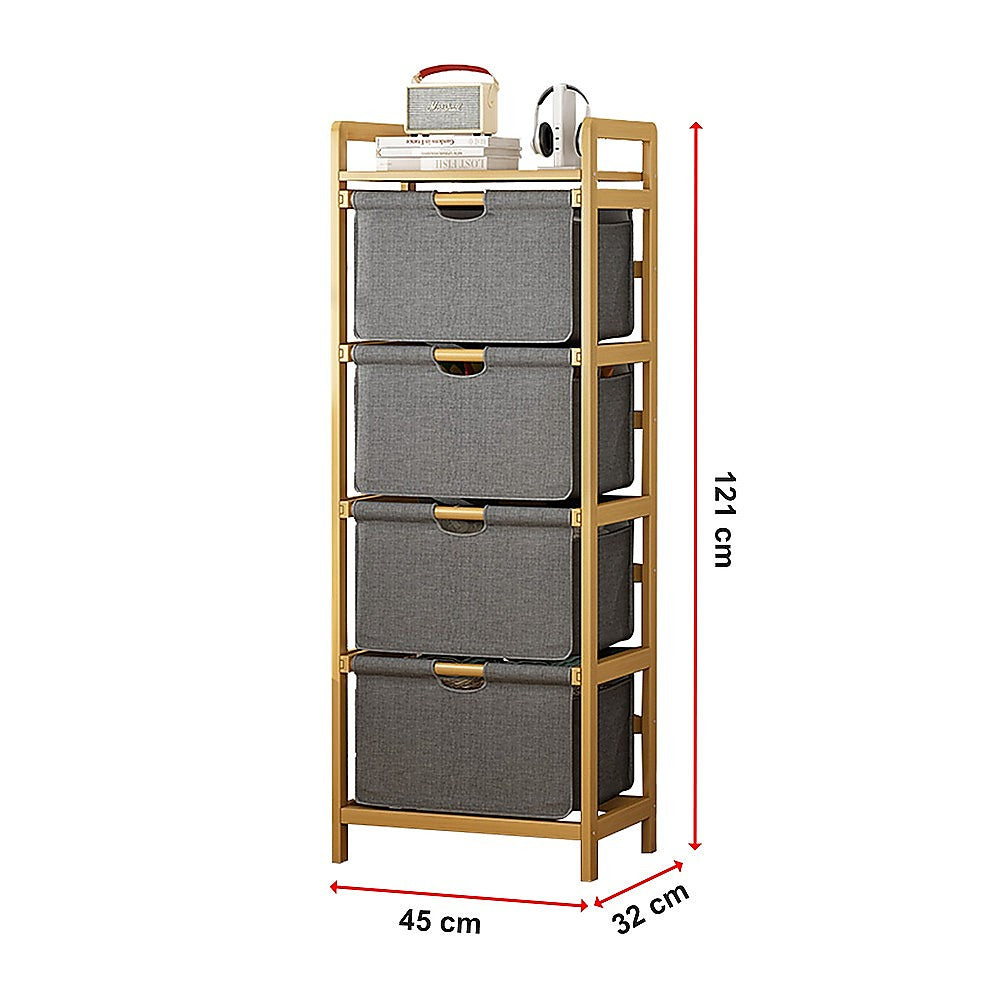 Bamboo Shelf with Storage Hamper – Wooden Organiser with Three-Set Rack Laundry Bags