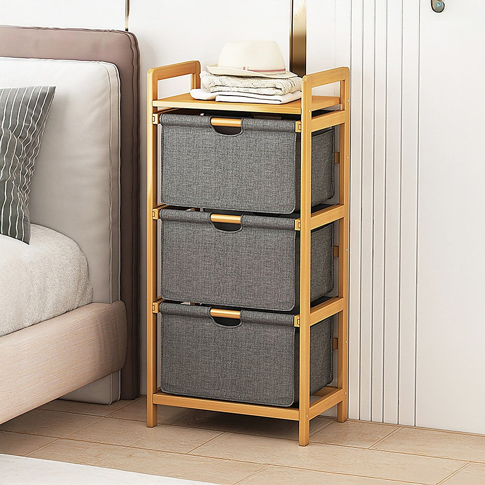 Bamboo Shelf with Storage Hamper – Wooden Organiser with Three-Set Rack Laundry Bags