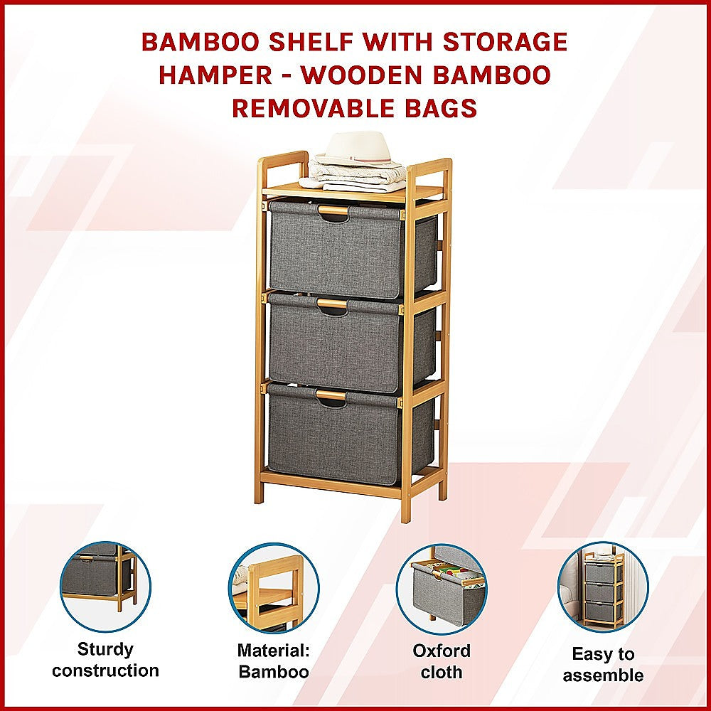 Bamboo Shelf with Storage Hamper – Wooden Organiser with Three-Set Rack Laundry Bags