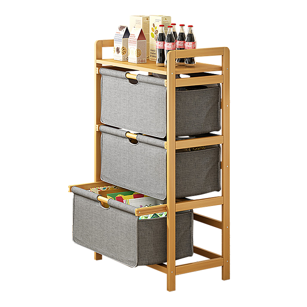 Bamboo Shelf with Storage Hamper – Wooden Organiser with Three-Set Rack Laundry Bags