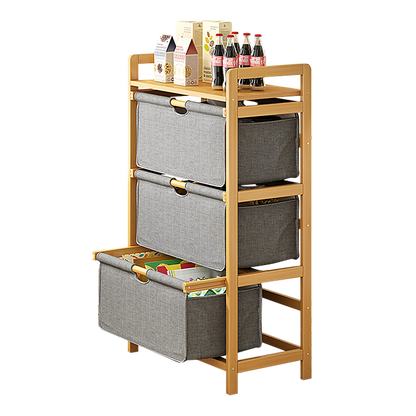 Bamboo Shelf with Storage Hamper – Wooden Organiser with Three-Set Rack Laundry Bags